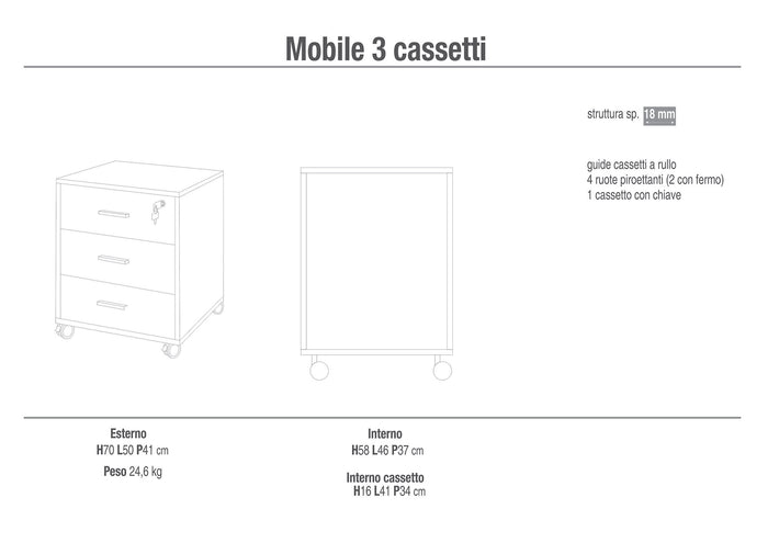 Cassettiera 3 Cassetti su Ruote 50x70x41 cm Olmo Chiaro