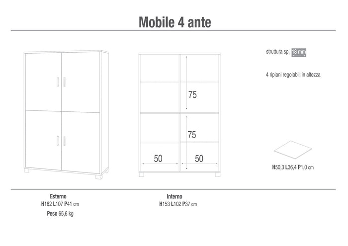 Mobile 4 Ante 107x162x41 cm Olmo Chiaro/Bianco Fiammato