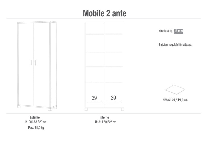 Armadio 2 Ante 83x190x29 cm Olmo Chiaro/Bianco Fiammato