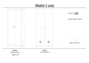 Armadio 2 Ante 83x190x29 cm Olmo Chiaro