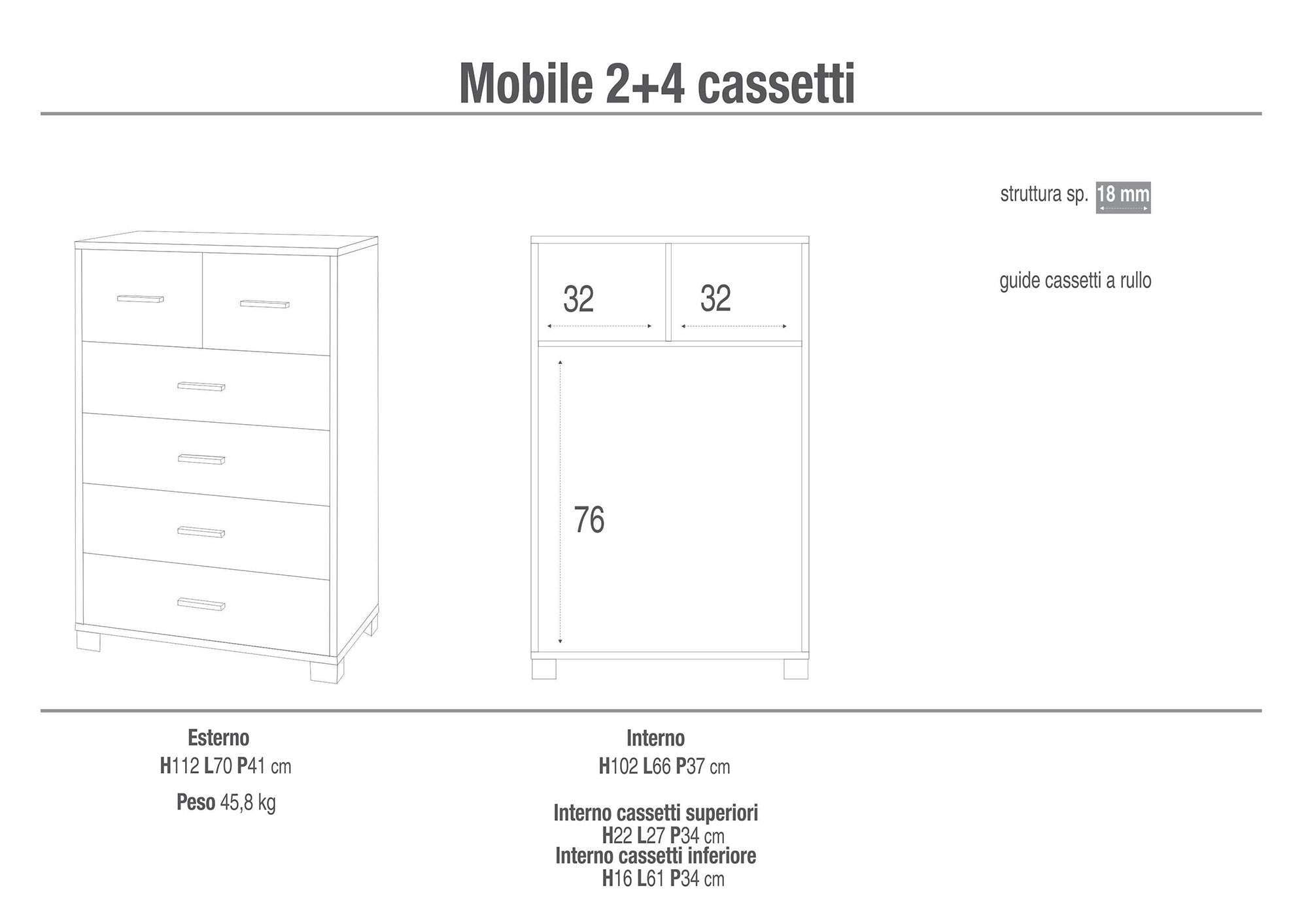 Mobile 4+2 Cassetti 70x112x41 cm Olmo Chiaro/Bianco Fiammato