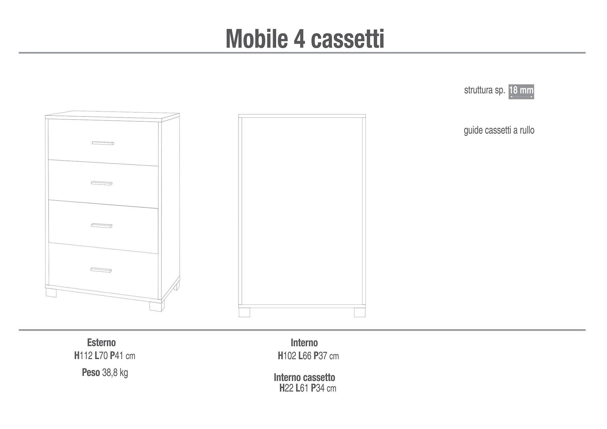 Mobile 4 Cassetti 70x112x41 cm Cemento/Ossido Bianco