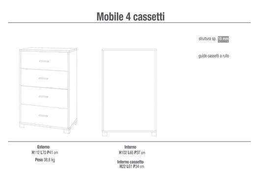 Mobile 4 Cassetti 70x112x41 cm Olmo Chiaro