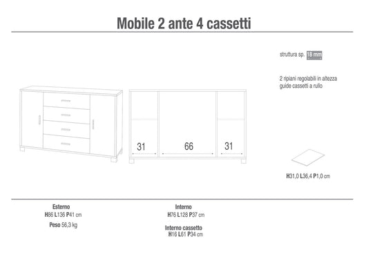 Mobile 2 Ante 4 Cassetti 136x86x41 cm Cemento