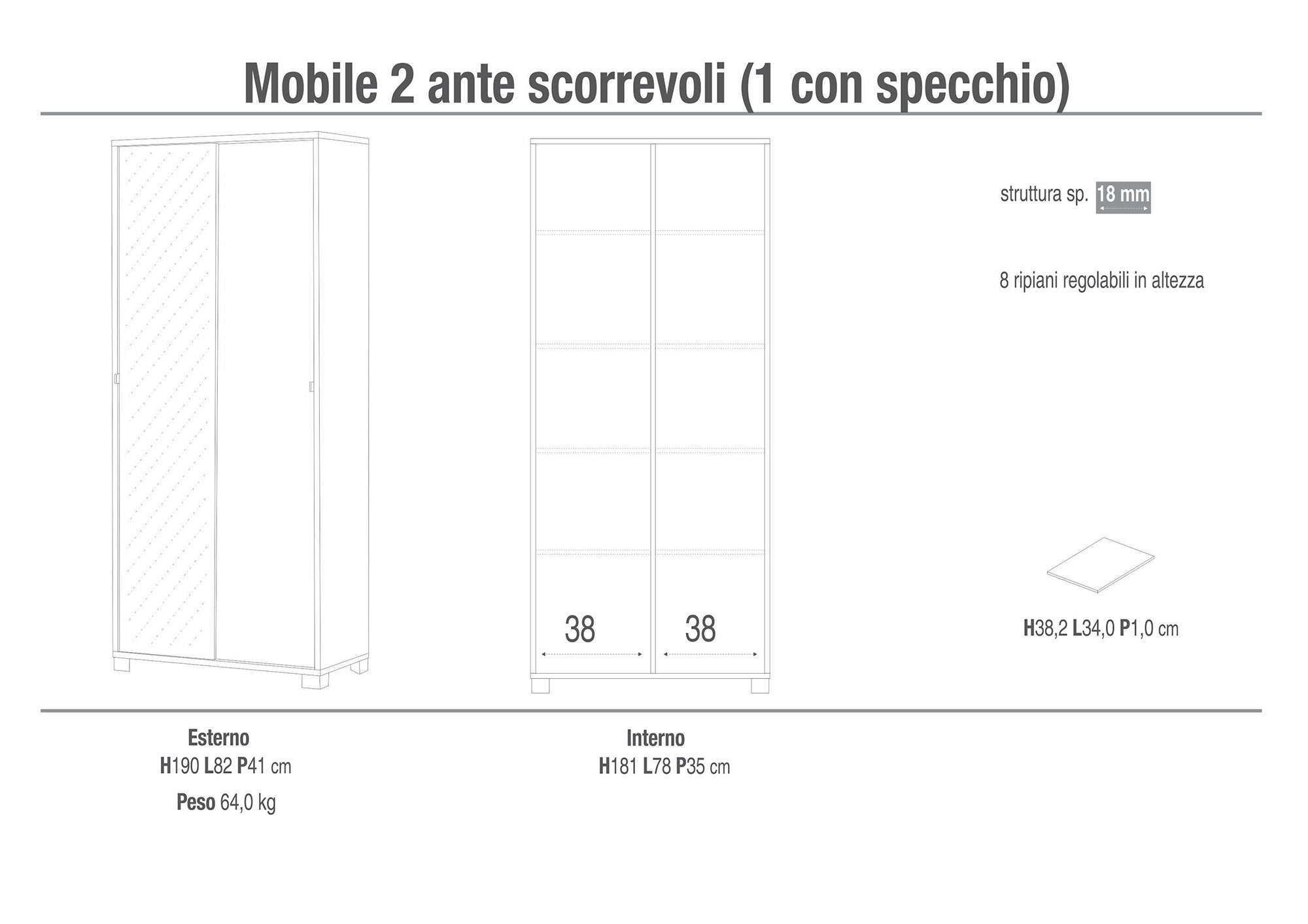 Armadio 2 Ante Scorrevoli con Specchio 82x190x41 cm Cemento