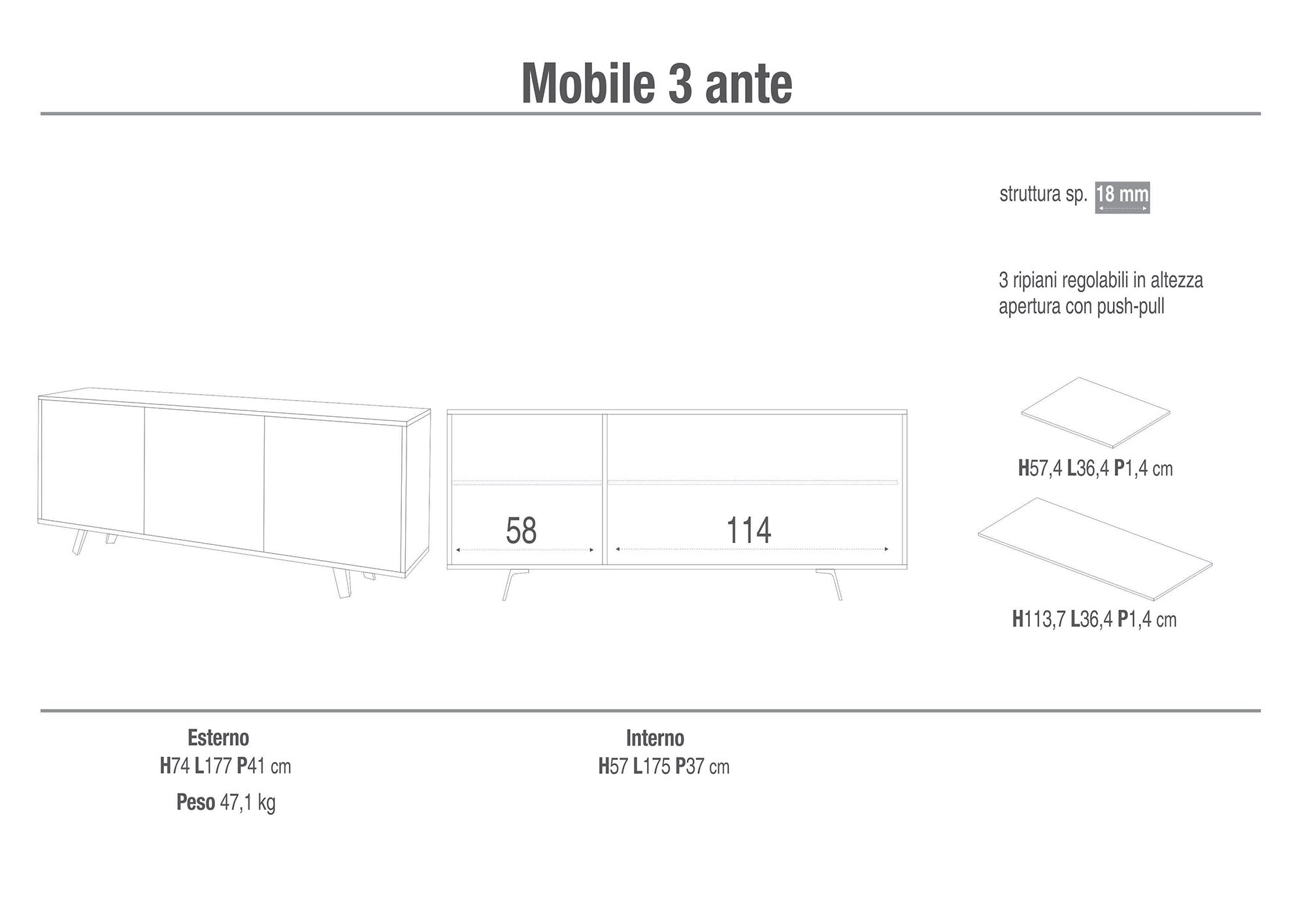 Mobile 3 Ante 177x74x41 cm Cemento/Marmo Calacatta