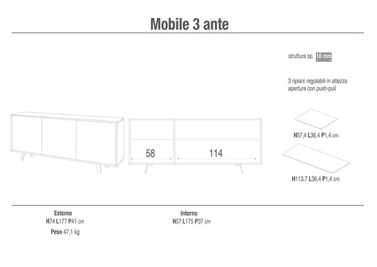 Mobile 3 Ante 177x74x41 cm Ossido Nero/Ossido Bianco