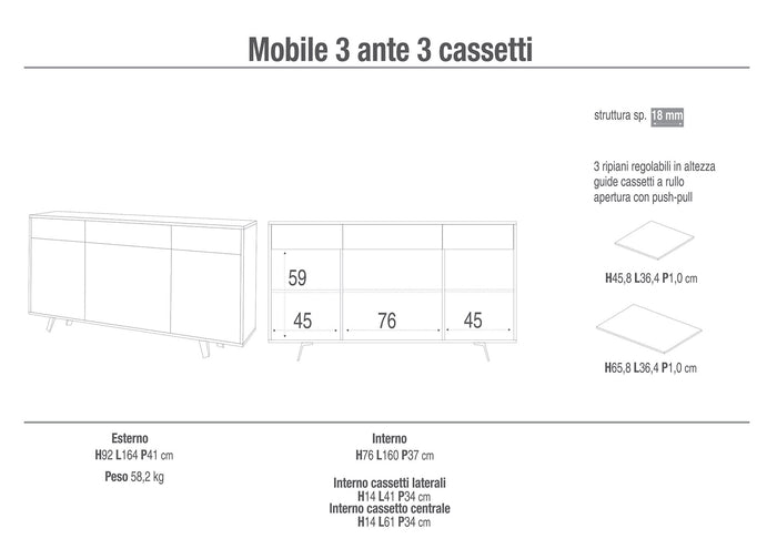 Mobile 3 Ante 3 Cassetti 164x92x41 cm Cemento/Marmo Calacatta