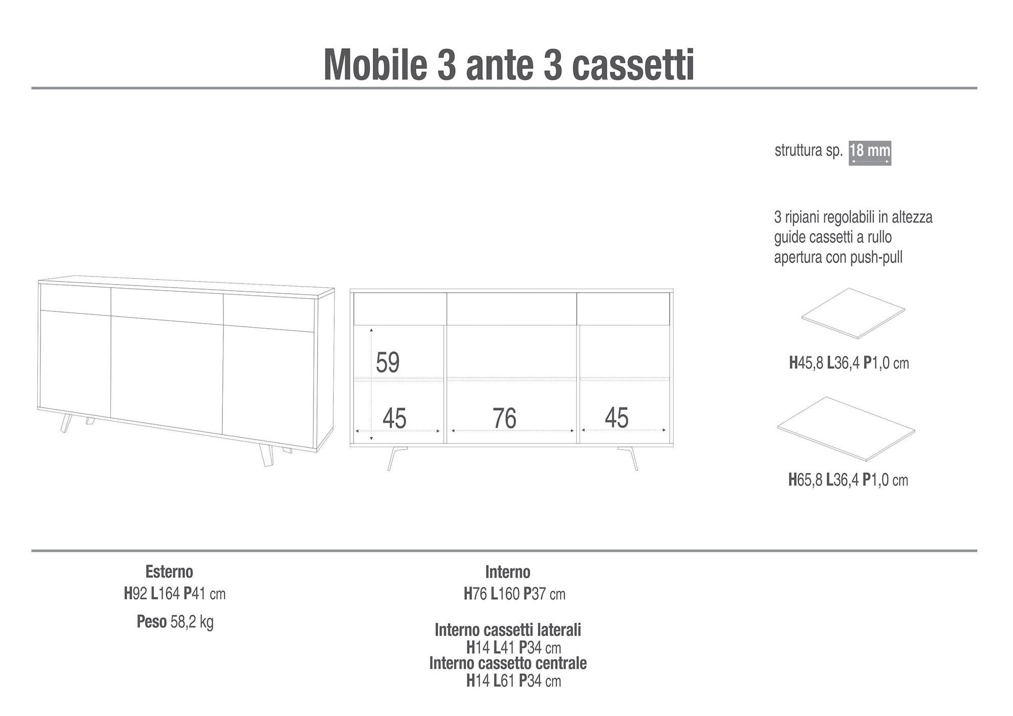 Mobile 3 Ante 3 Cassetti 164x92x41 cm Cemento/Bianco Lucido