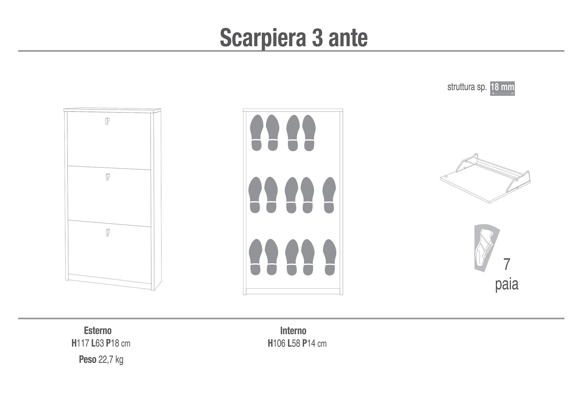 Scarpiera 3 Ante 63x117x18 cm Cemento