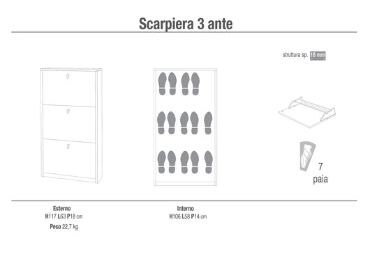 Scarpiera 3 Ante 63x117x18 cm Cemento