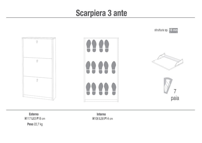 Scarpiera 3 Ante 63x117x18 cm Cemento