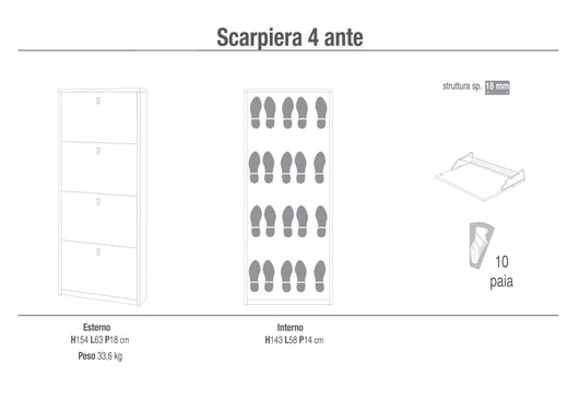 Scarpiera 4 Ante 63x154x18 cm Bianco Fiammato