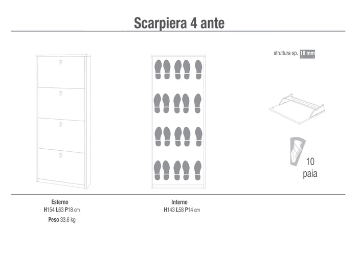 Scarpiera 4 Ante 63x154x18 cm Olmo Chiaro