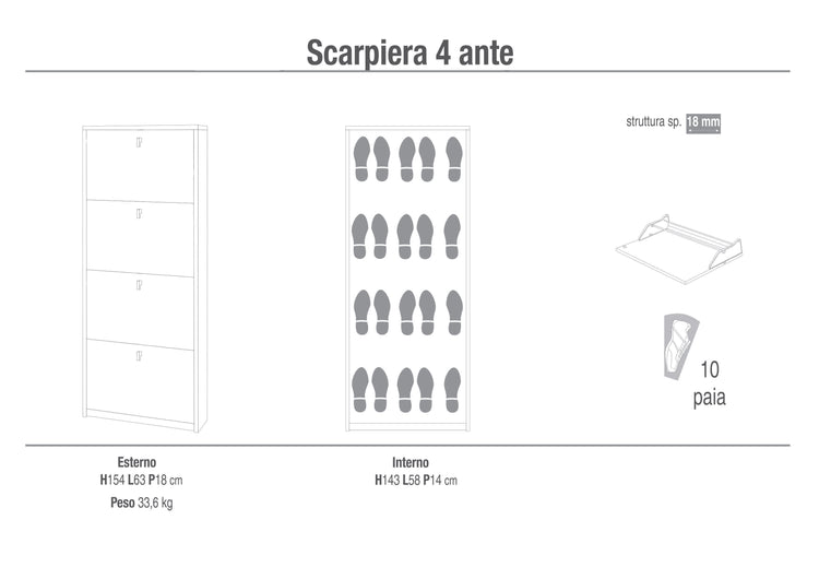 Scarpiera 4 Ante 63x154x18 cm Olmo Chiaro