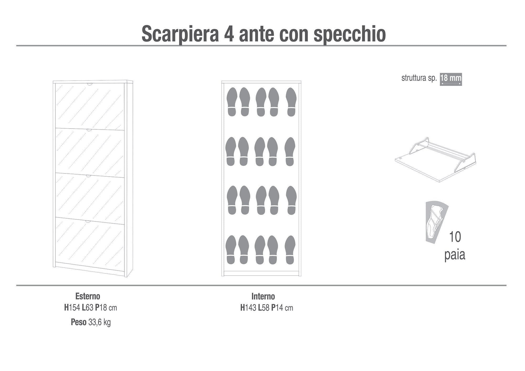 Scarpiera 4 Ante con Specchio 63x154x18 cm Bianco Fiammato