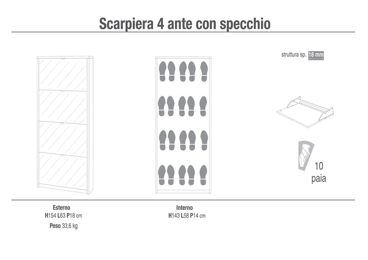 Scarpiera 4 Ante con Specchio 63x154x18 cm Bianco Fiammato