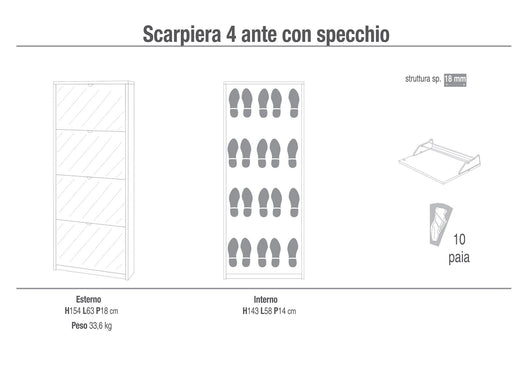 Scarpiera 4 Ante con Specchio 63x154x18 cm Cemento