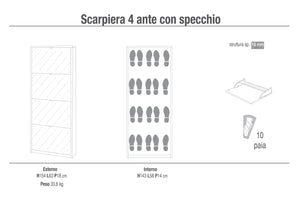 Scarpiera 4 Ante con Specchio 63x154x18 cm Ossido Bianco