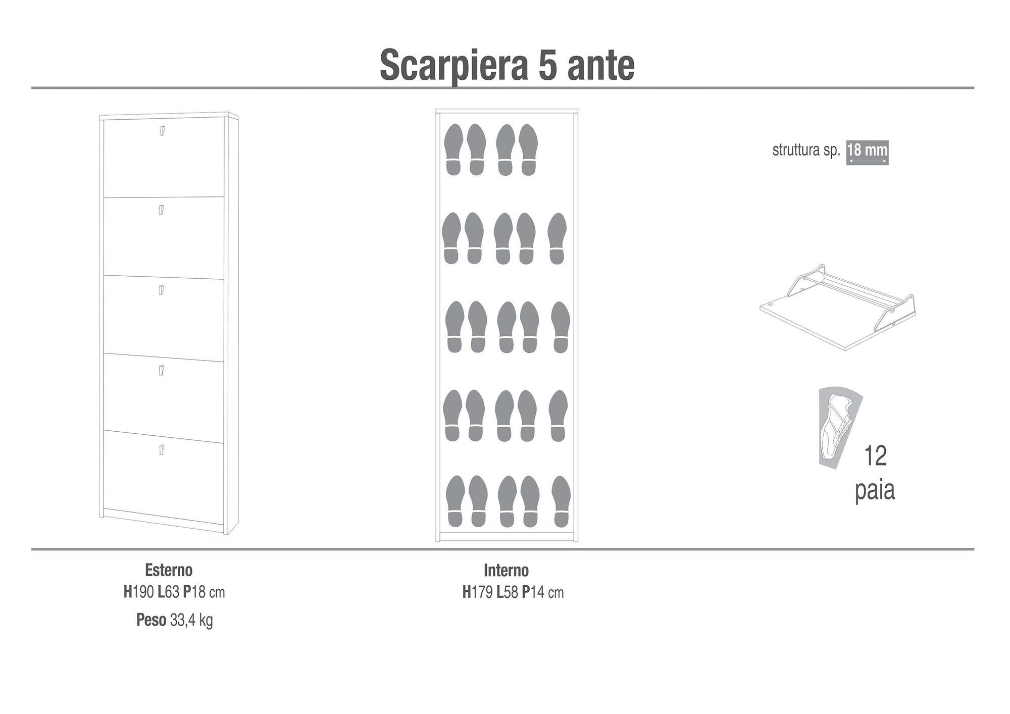 Scarpiera 5 Ante 63x190x18 cm Bianco Fiammato