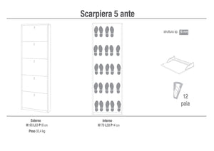 Scarpiera 5 Ante 63x190x18 cm Bianco Fiammato