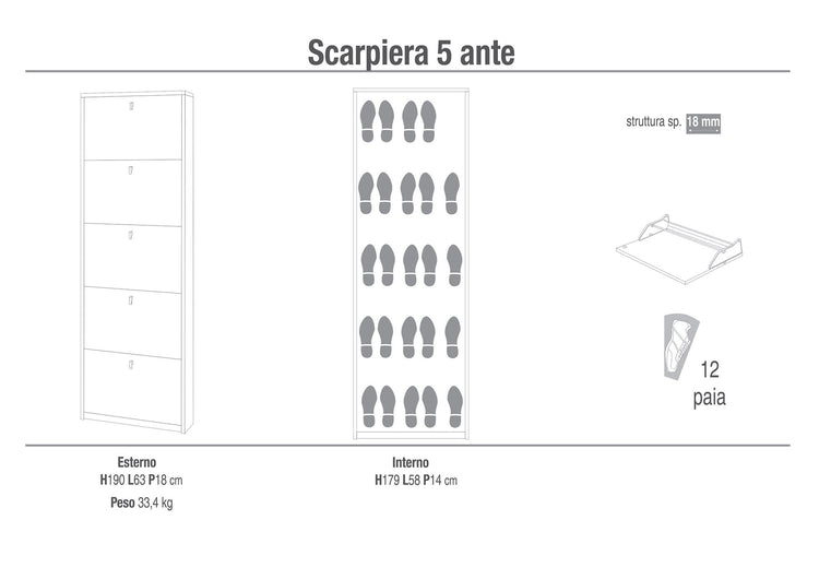 Scarpiera 5 Ante 63x190x18 cm Bianco Fiammato