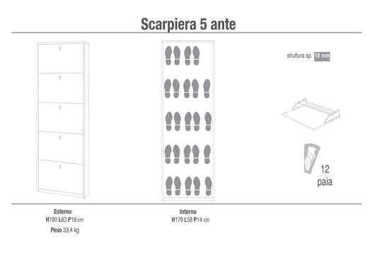 Scarpiera 5 Ante 63x190x18 cm Olmo Chiaro