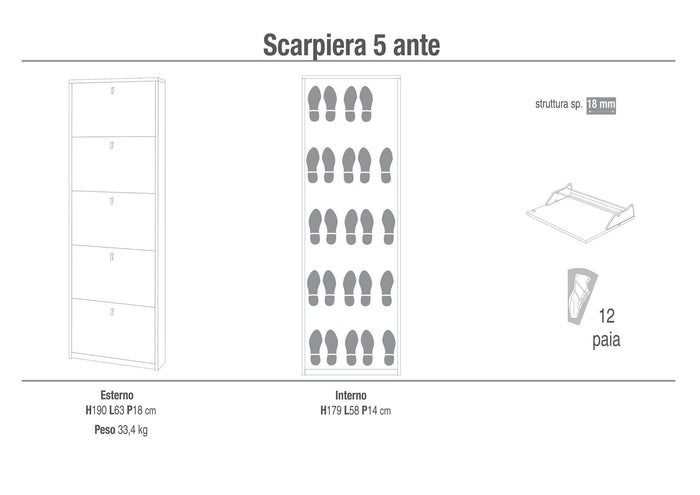 Scarpiera 5 Ante 63x190x18 cm Ossido Bianco