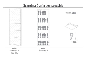 Scarpiera 5 Ante con Specchio 63x190x18 cm Bianco Fiammato