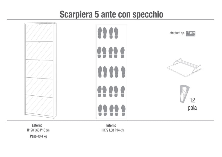 Scarpiera 5 Ante con Specchio 63x190x18 cm Bianco Fiammato