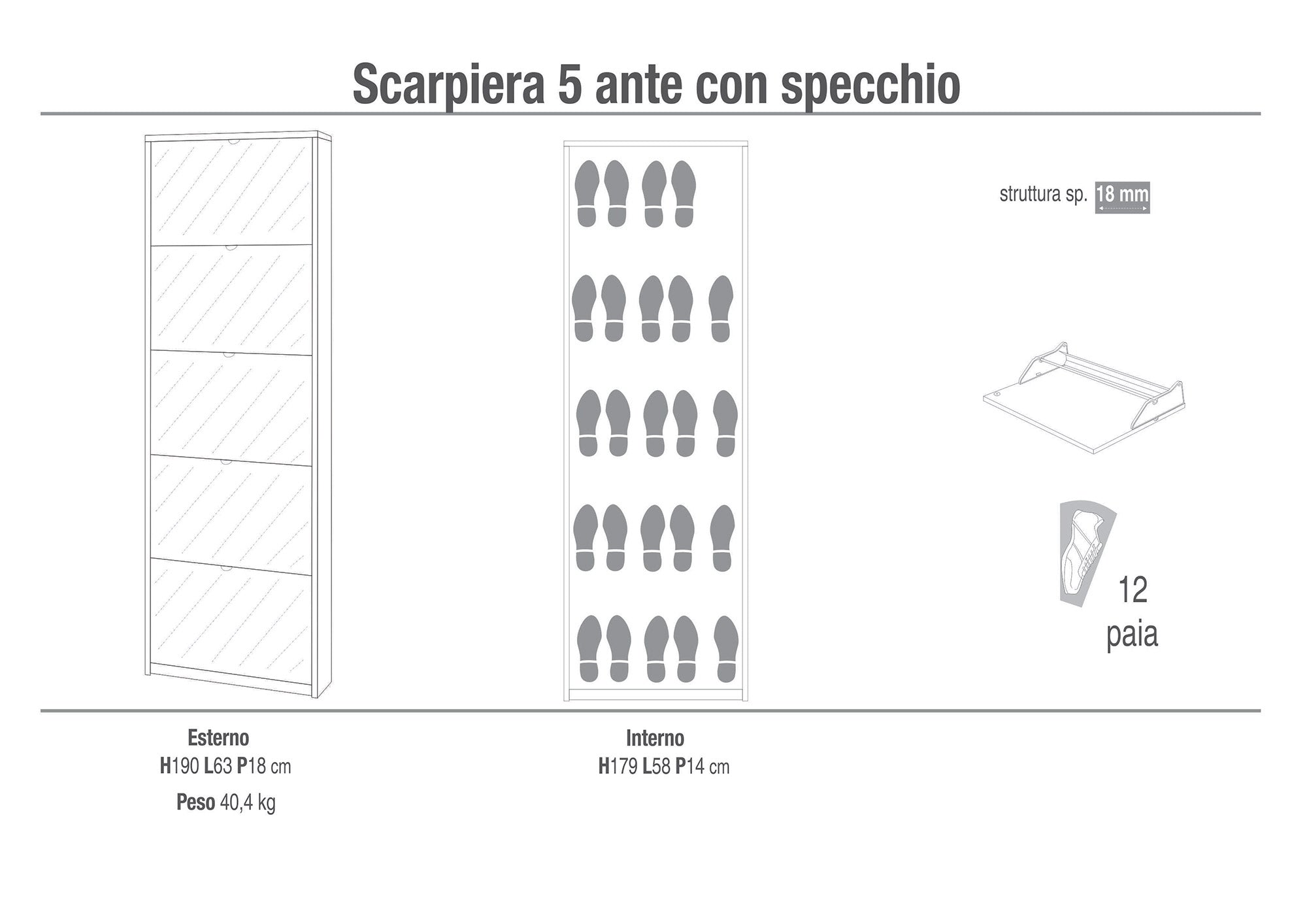 Scarpiera 5 Ante con Specchio 63x190x18 cm Cemento