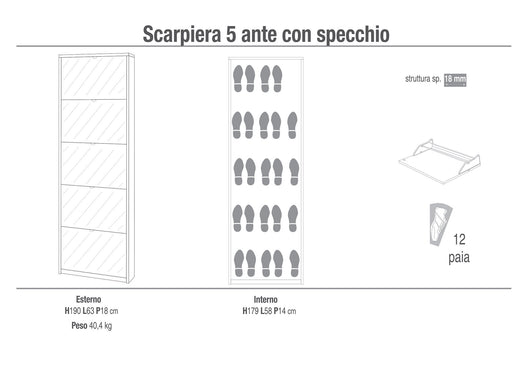 Scarpiera 5 Ante con Specchio 63x190x18 cm Olmo Chiaro