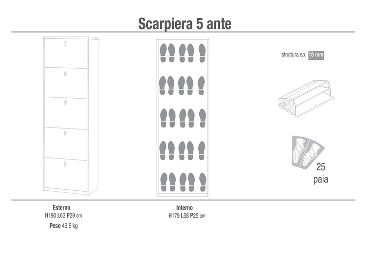 Scarpiera 5 Ante 63x190x29 cm Bianco Fiammato