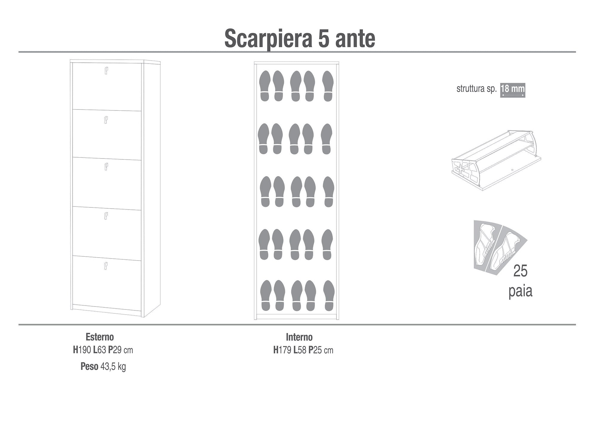 Scarpiera 5 Ante 63x190x29 cm Cemento