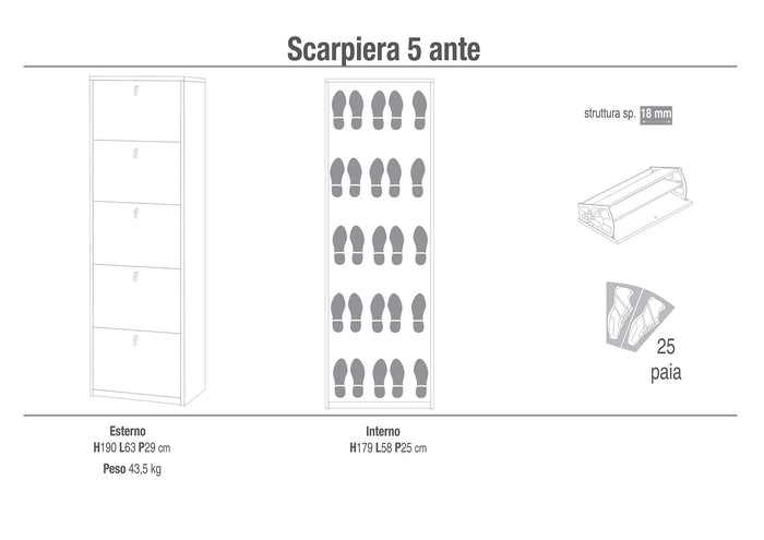 Scarpiera 5 Ante 63x190x29 cm Ossido Bianco