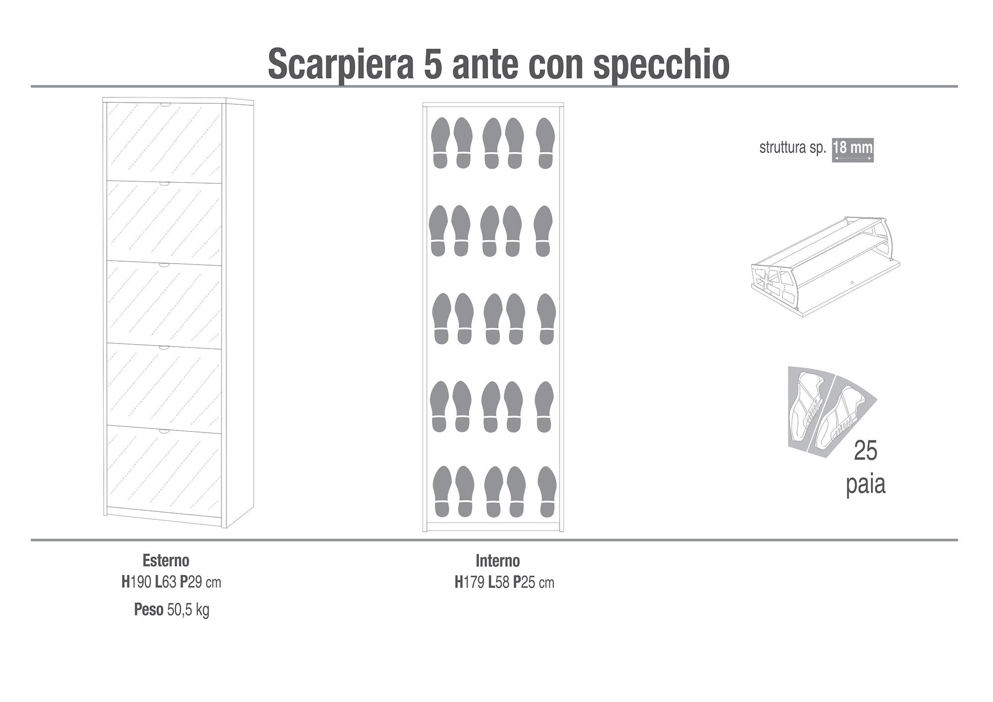 Scarpiera 5 Ante con Specchio 63x190x29 cm Bianco Fiammato