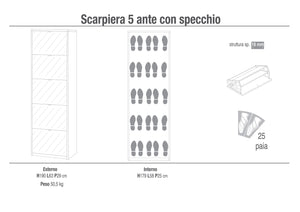 Scarpiera 5 Ante con Specchio 63x190x29 cm Bianco Fiammato