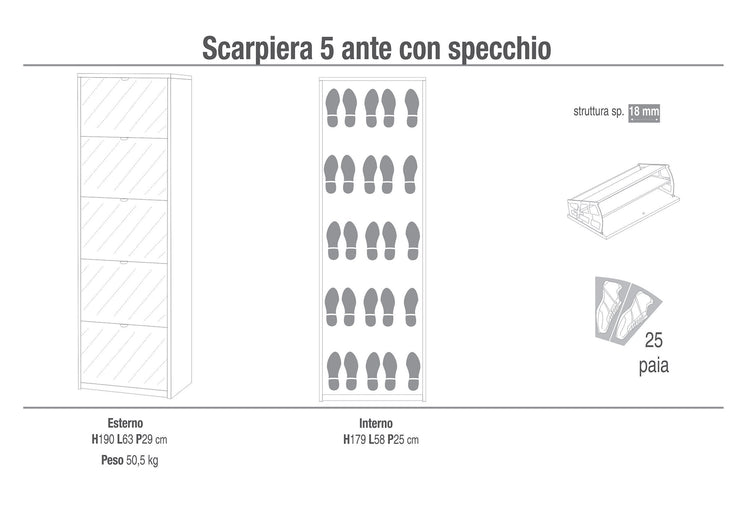 Scarpiera 5 Ante con Specchio 63x190x29 cm Bianco Fiammato