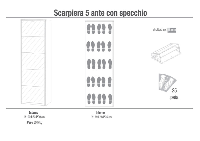 Scarpiera 5 Ante con Specchio 63x190x29 cm Olmo Chiaro