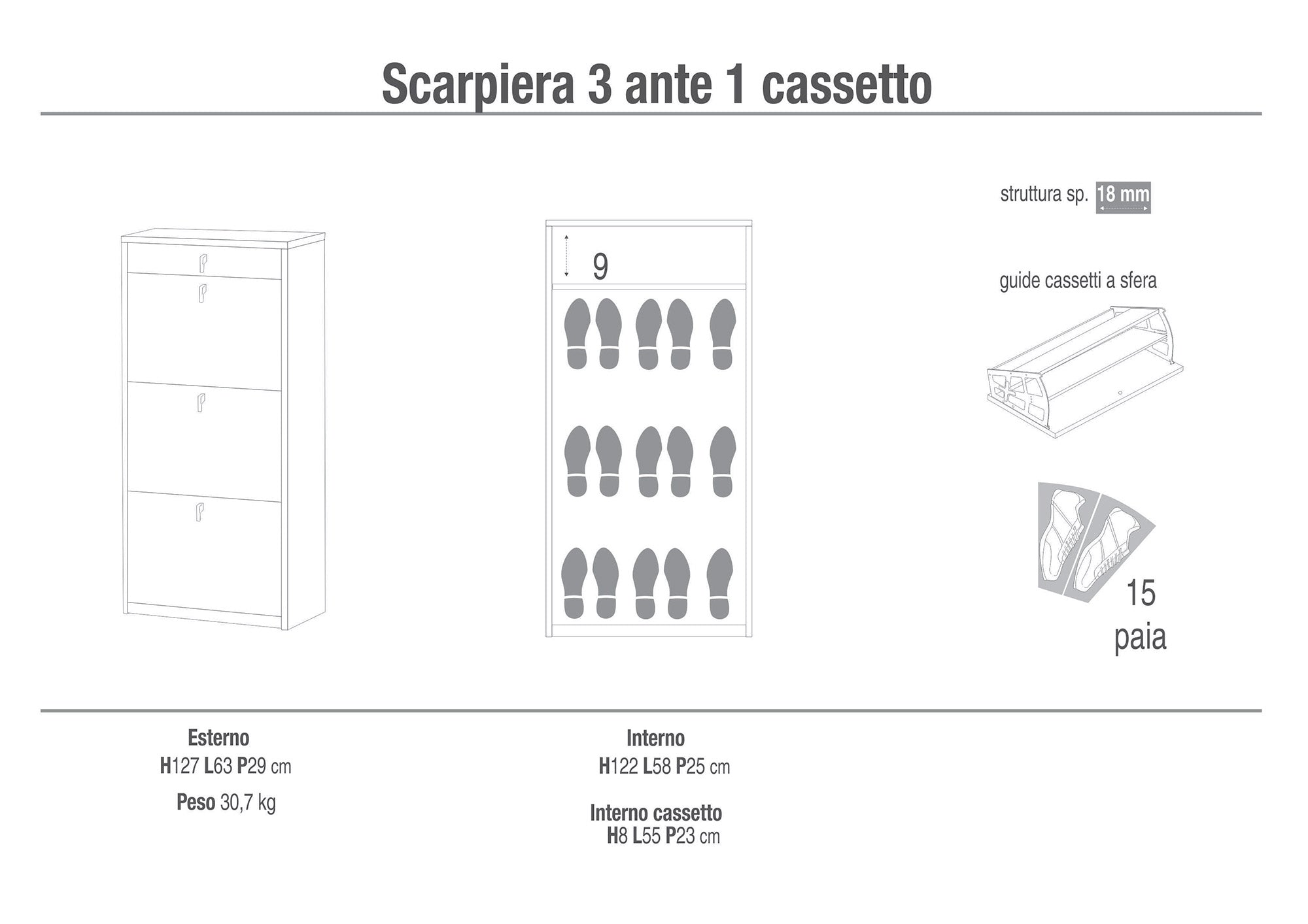 Scarpiera 3 Ante 1 Cassetto 63x127x29 cm Cemento