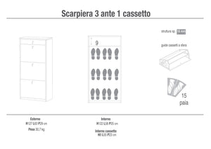 Scarpiera 3 Ante 1 Cassetto 63x127x29 cm Cemento