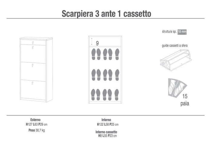 Scarpiera 3 Ante 1 Cassetto 63x127x29 cm Ossido Bianco