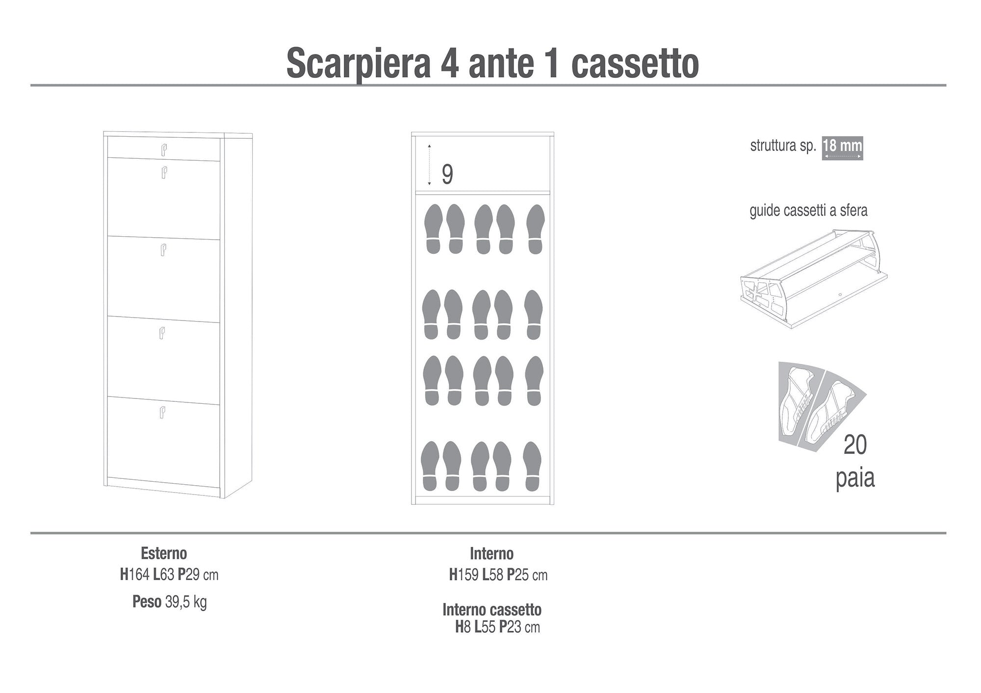 Scarpiera 4 Ante 1 Cassetto 63x164x29 cm Bianco Fiammato