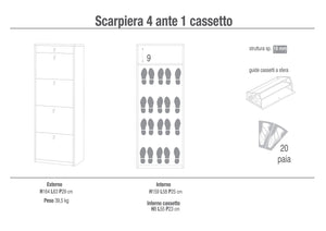 Scarpiera 4 Ante 1 Cassetto 63x164x29 cm Bianco Fiammato