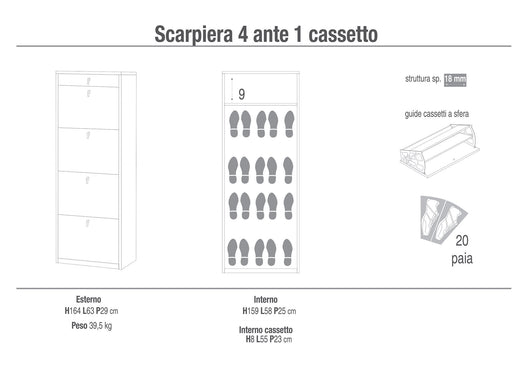 Scarpiera 4 Ante 1 Cassetto 63x164x29 cm Cemento