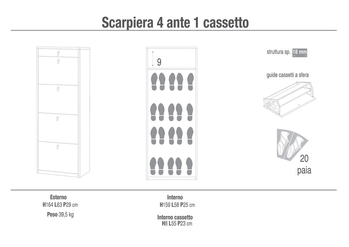 Scarpiera 4 Ante 1 Cassetto 63x164x29 cm Olmo Chiaro