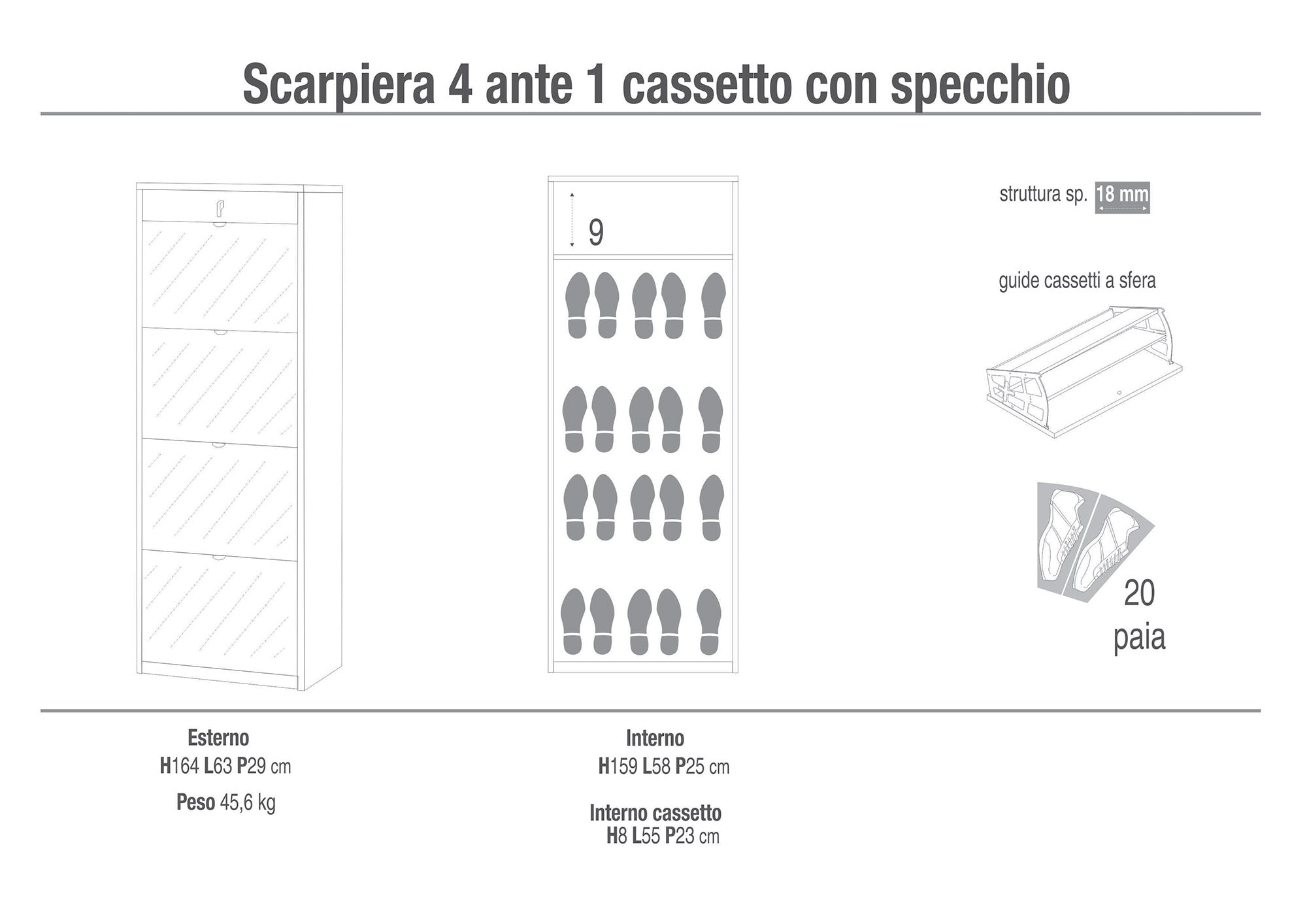 Scarpiera 4 Ante con Specchio 1 Cassetto 63x164x29 cm Cemento