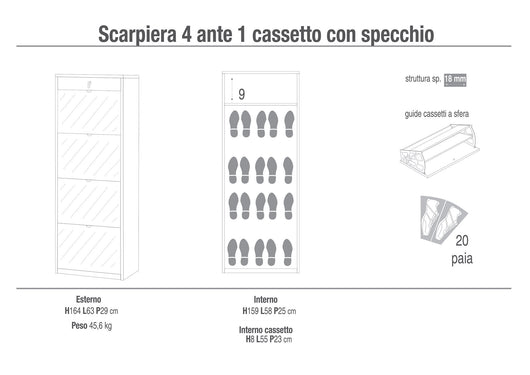 Scarpiera 4 Ante con Specchio 1 Cassetto 63x164x29 cm Cemento