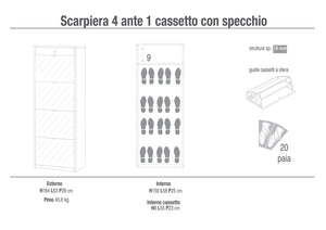 Scarpiera 4 Ante con Specchio 1 Cassetto 63x164x29 cm Olmo Chiaro