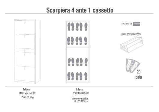 Scarpiera 4 Ante 1 Cassetto 63x164x29 cm Ossido Bianco